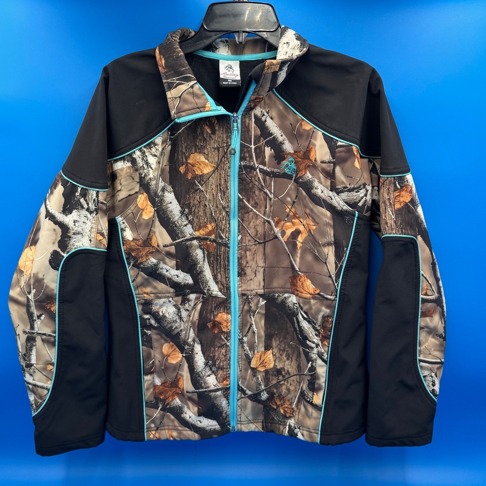 Legendary Whitetails Camo Softshell Jacket Women's‎ Medium Turquoise Trim